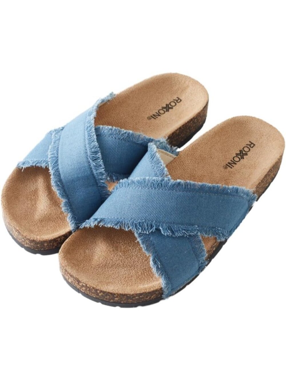 🆕 Women's Blue Denim Crisscross Slide Sandals Cork Footbed Fringed Shoes